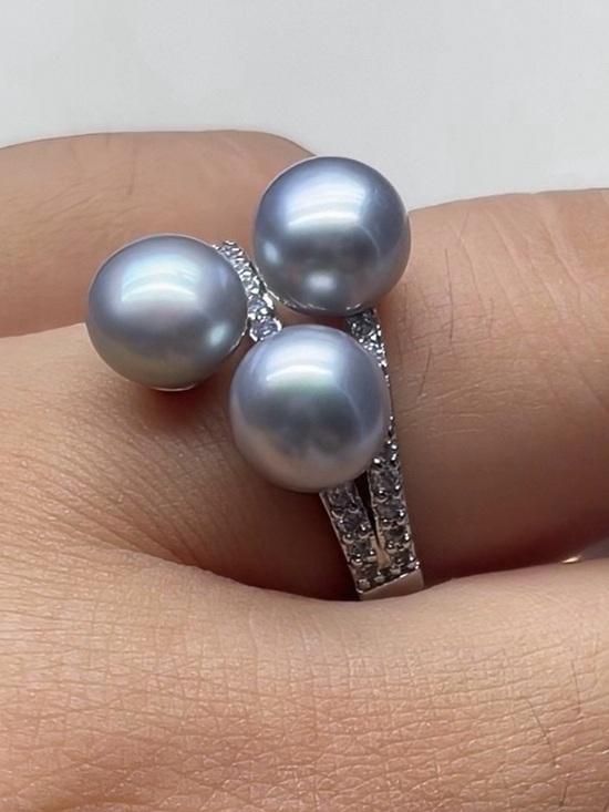 Jewelry - Silver Genuine Pearl Triple-Cluster Ring - Gray Freshwater Pearls